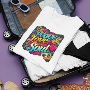 Peace Love and Soul" Retro Throwback T-Shirt - Vintage '70s Style Groovy Vibes, Classic Nostalgic Fashion for Men and Women